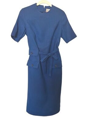 Classic Blue Short-Sleeve Belted Sheath Dress